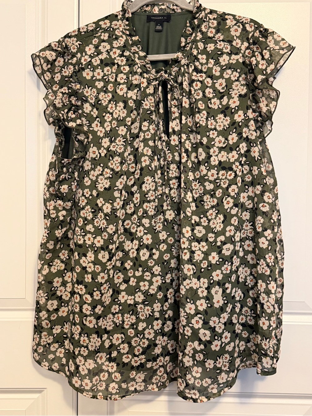 Tamara H Olive Floral Tie-Neck Ruffle Sleeve Blouse